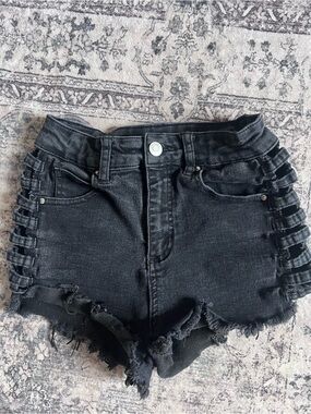 Windsor Black Distressed Cutoff Denim Shorts with Side Ladder Straps